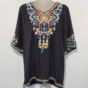 Komili Women's L/XL Black Floral Embroidered Short Sleeve Rayon Tunic Top Boho